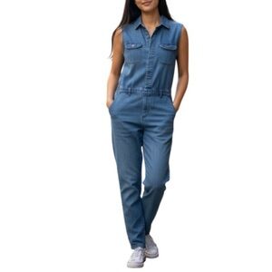 MAVI Jeans Co Chambray Tencel Jumpsuit Blue Medium Wash Denim Look Sleeveless XS